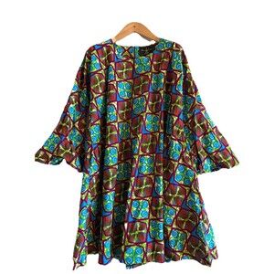 Monsio Couture Bold Psychedelic 70’s‎ Pattern Cotton Shift Mini Dress, Size L